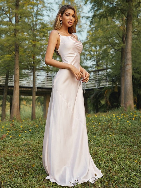 Sleeveless Sheath/Column Ruched Spaghetti Charmeuse Straps Sweep/Brush Train Bridesmaid Dresses