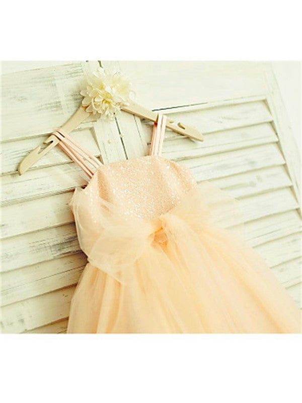 Spaghetti Tea-Length Tulle A-line/Princess Straps Sleeveless Sequin Flower Girl Dresses