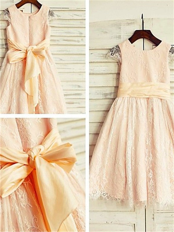 Sash/Ribbon/Belt Tea-Length A-line/Princess Lace Scoop Short Sleeves Flower Girl Dresses