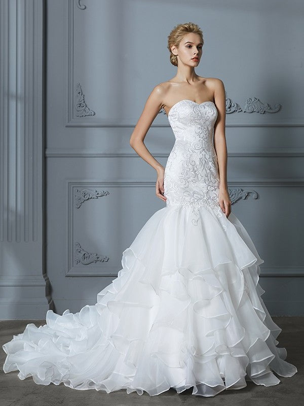 Train Sweep/Brush Trumpet/Mermaid Sleeveless Sweetheart Ruffles Organza Wedding Dresses