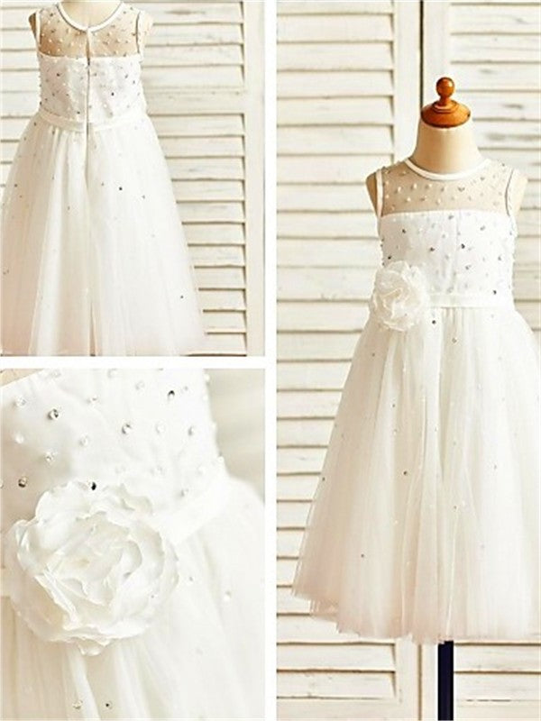 Scoop Tea-Length Hand-made A-line/Princess Tulle Flower Sleeveless Flower Girl Dresses