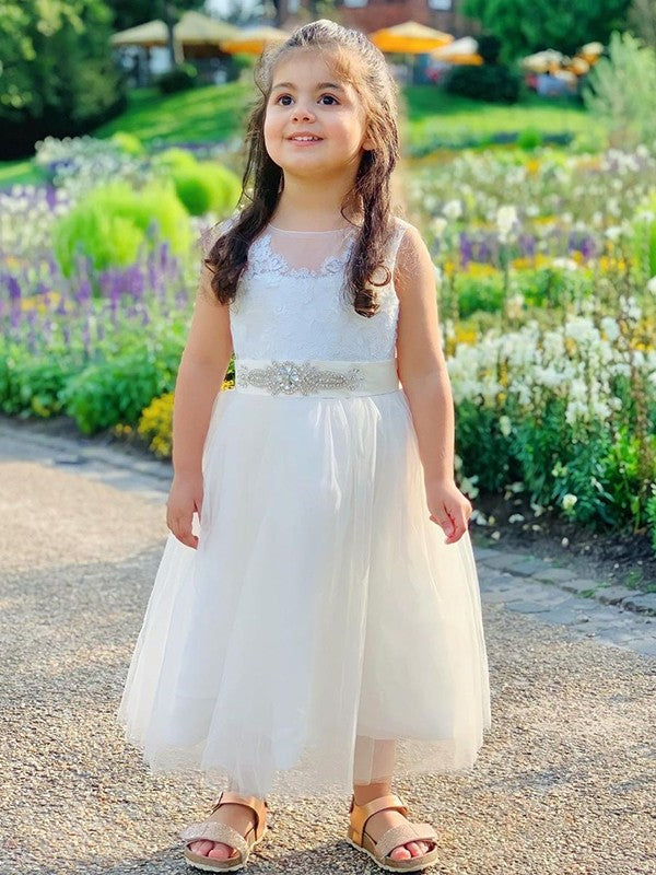 A-Line/Princess Tulle Scoop Lace Sleeveless Tea-Length Flower Girl Dresses