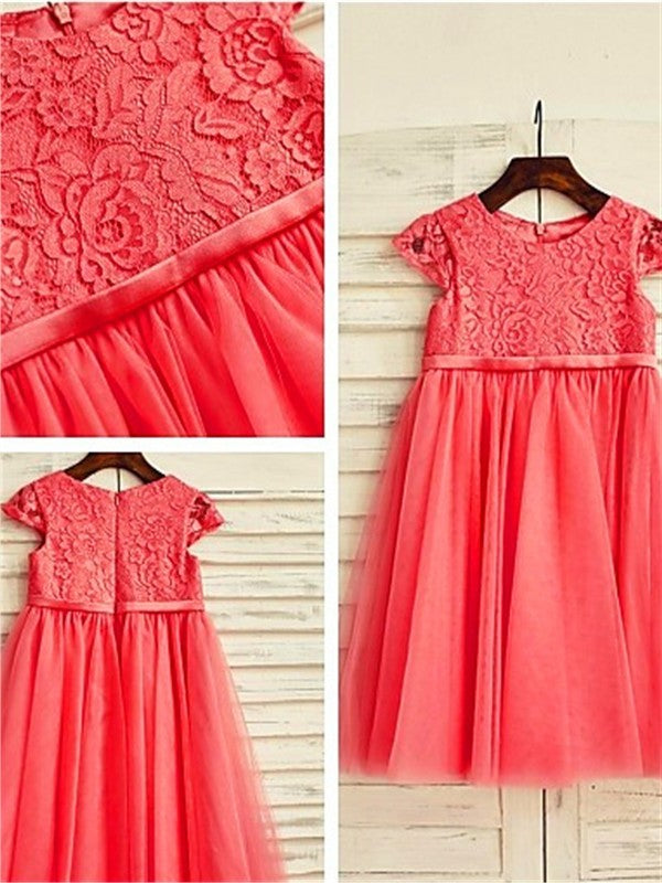 Scoop Tea-Length Sleeves A-line/Princess Lace Tulle Short Flower Girl Dresses