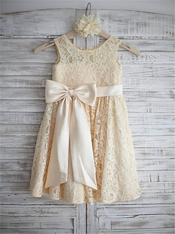 Scoop A-line/Princess Lace Knee-Length Bowknot Sleeveless Flower Girl Dresses