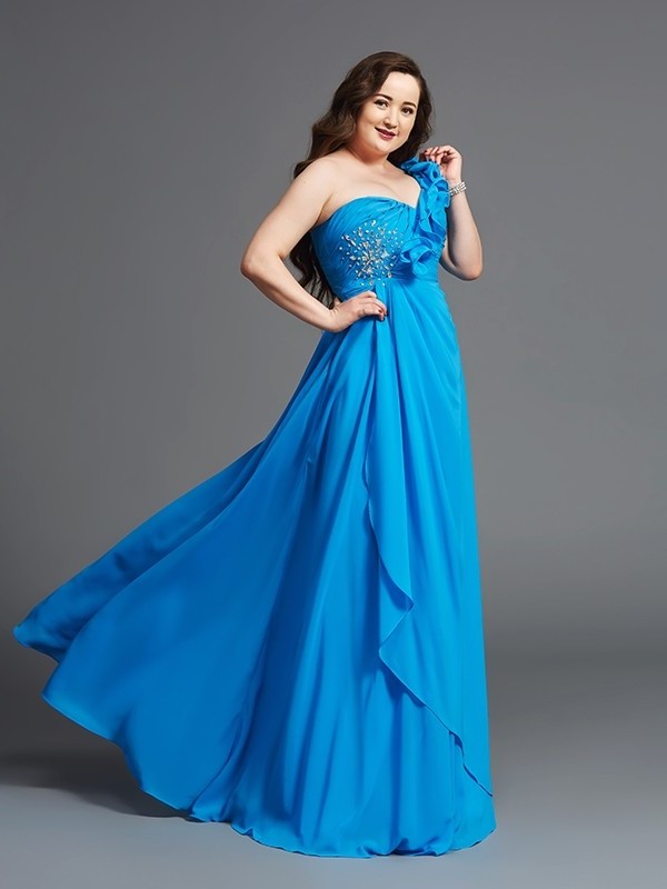 A-Line/Princess Sleeveless Rhinestone Long One-Shoulder Chiffon Plus Size Dresses