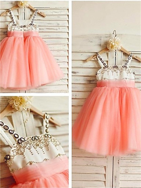 Beading Sleeveless Tulle A-line/Princess Straps Spaghetti Tea-Length Flower Girl Dresses