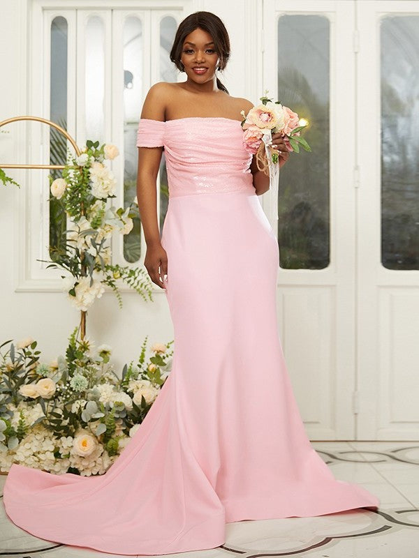 Stretch Ruched Crepe Off-the-Shoulder Sleeveless Sweep/Brush Sheath/Column Train Bridesmaid Dresses