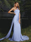 Sleeveless One-Shoulder Jersey Ruched Sheath/Column Sweep/Brush Train Bridesmaid Dresses