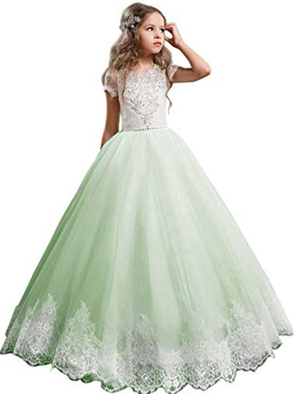 V-neck Gown Short Lace Tulle Ball Sleeves Floor-Length Flower Girl Dresses