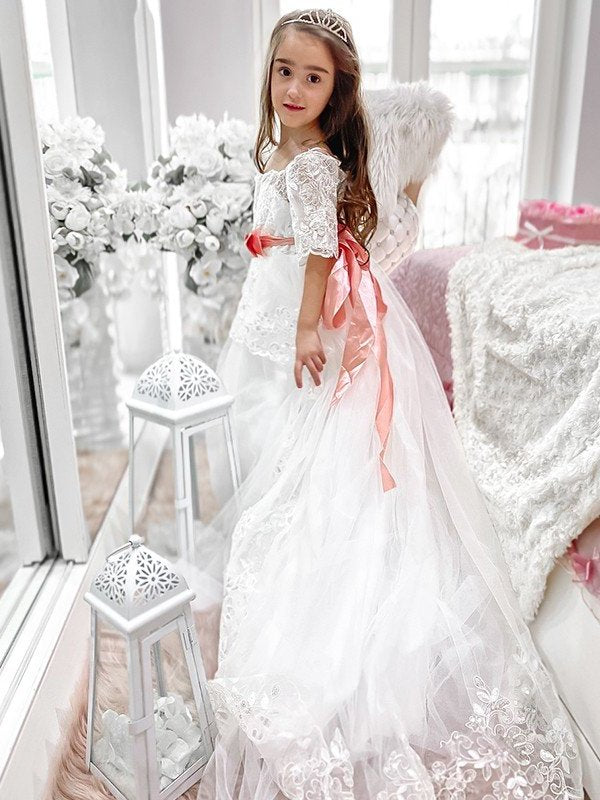 Off-the-Shoulder A-Line/Princess Sweep/Brush Train 1/2 Sleeves Sash/Ribbon/Belt Tulle Flower Girl Dresses