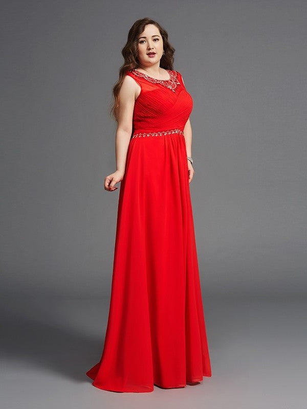 Scoop A-Line/Princess Beading Long Sleeveless Chiffon Plus Size Dresses