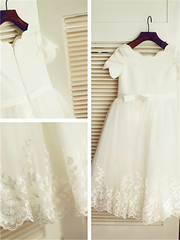 A-line/Princess Tea-Length Lace Short Sleeves Scoop Flower Girl Dresses