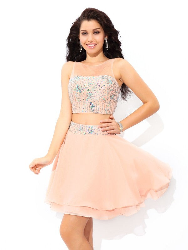 A-Line/Princess Sheer Neck Beading Sleeveless Short Chiffon Ally Two Piece Homecoming Dresses Dresses