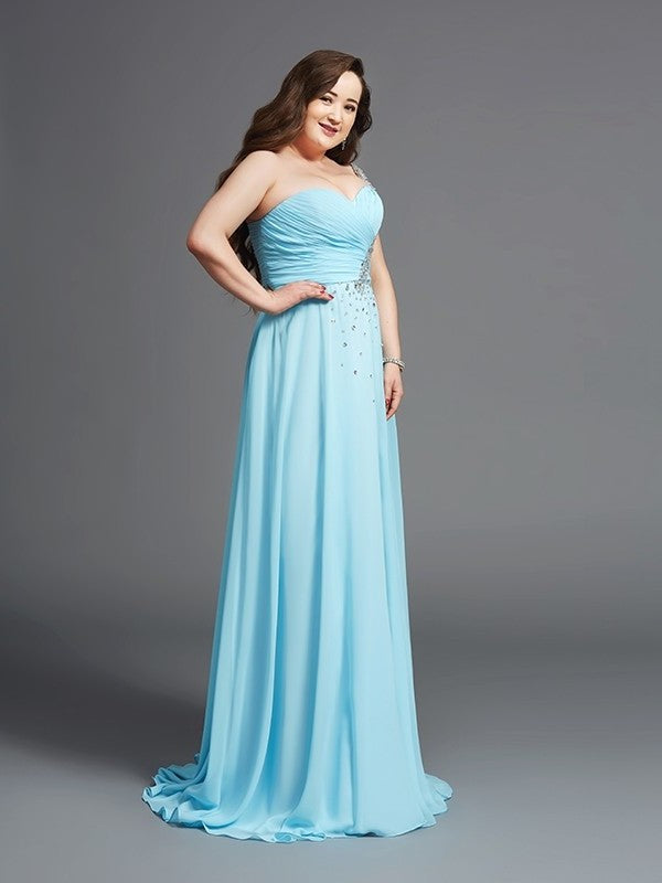 One-Shoulder A-Line/Princess Chiffon Sleeveless Rhinestone Long Plus Size Dresses