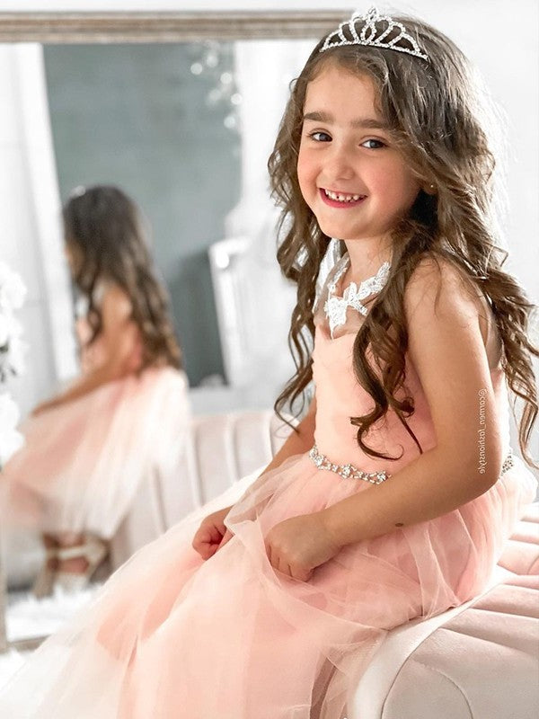 Scoop A-Line/Princess Beading Sleeveless Tea-Length Tulle Flower Girl Dresses