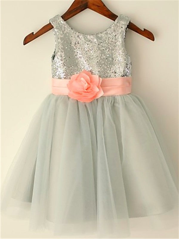 Tulle Tea-Length A-line/Princess Scoop Sequin Sleeveless Flower Girl Dresses