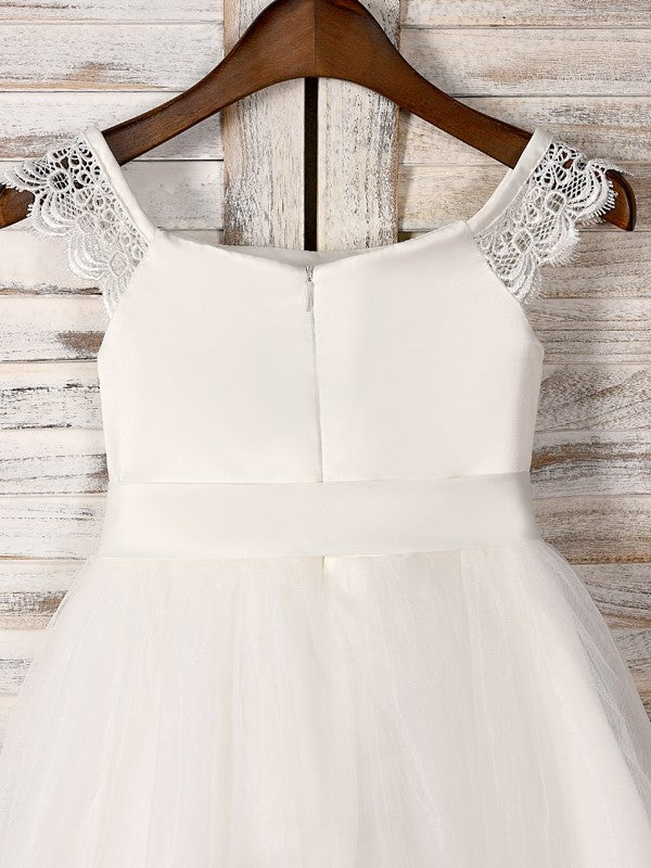 Tea-Length Sash/Ribbon/Belt Scoop A-Line/Princess Sleeveless Tulle Flower Girl Dresses