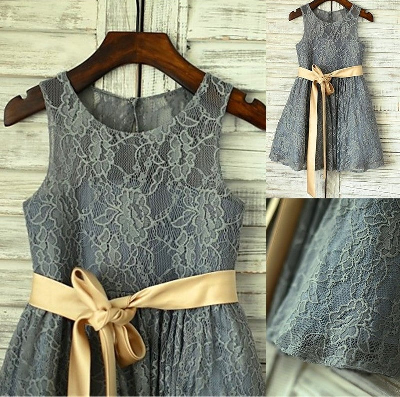 Sleeveless Lace Tea-Length Scoop A-line/Princess Sash/Ribbon/Belt Flower Girl Dresses