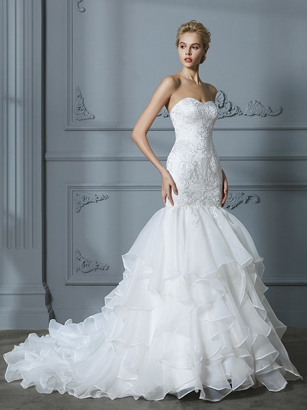 Train Sweep/Brush Trumpet/Mermaid Sleeveless Sweetheart Ruffles Organza Wedding Dresses