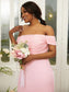 Stretch Ruched Crepe Off-the-Shoulder Sleeveless Sweep/Brush Sheath/Column Train Bridesmaid Dresses