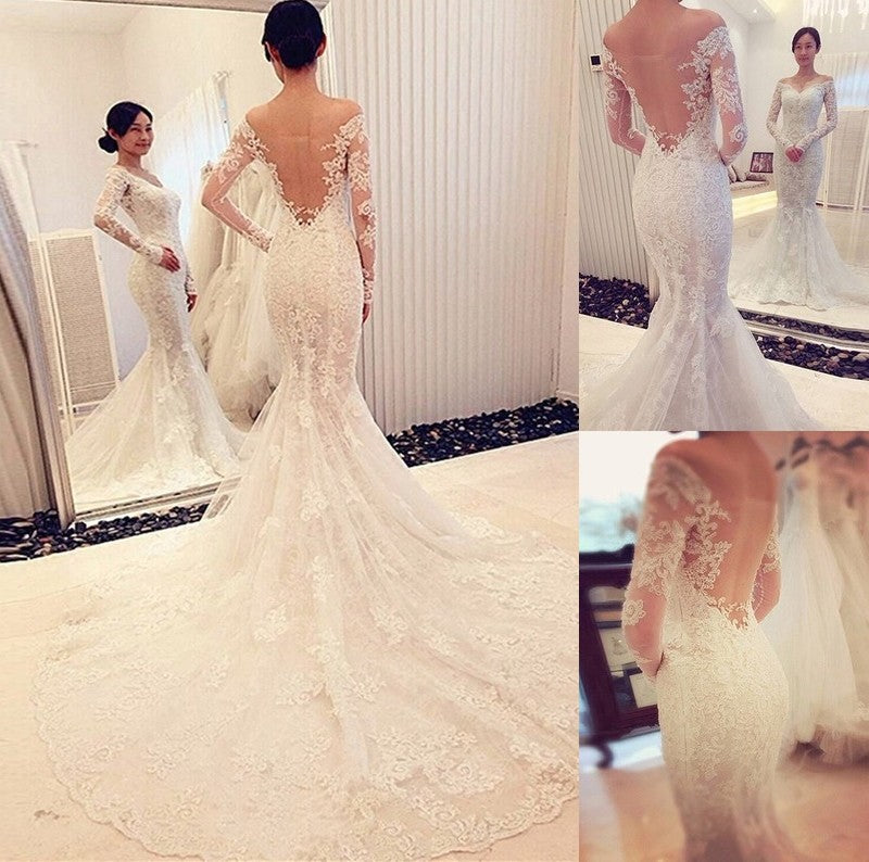 Trumpet/Mermaid Long Lace Chapel Sleeves Off-the-Shoulder Train Wedding Dresses