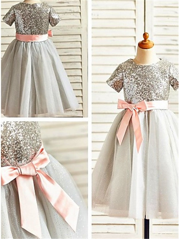 Scoop Tulle Sequin Short Tea-Length A-line/Princess Sleeves Flower Girl Dresses