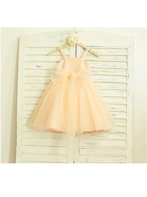 Spaghetti Tea-Length Tulle A-line/Princess Straps Sleeveless Sequin Flower Girl Dresses