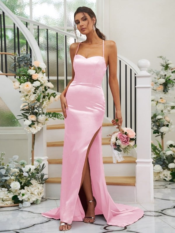 Woven Square Ruched Sheath/Column Sweep/Brush Sleeveless Elastic Satin Train Bridesmaid Dresses