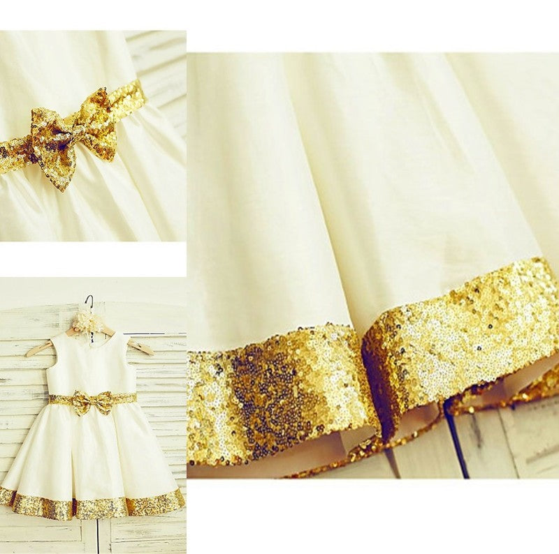 Sleeveless Sequin Satin Tea-Length Scoop A-line/Princess Flower Girl Dresses