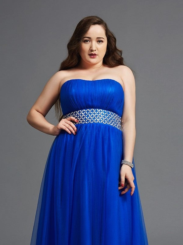 Rhinestone Net Long Strapless A-Line/Princess Sleeveless Plus Size Dresses