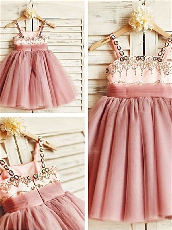 Beading Sleeveless Tulle A-line/Princess Straps Spaghetti Tea-Length Flower Girl Dresses