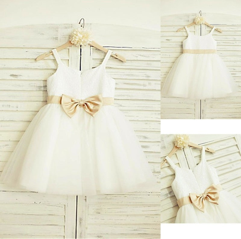 Tulle Sleeveless Knee-Length A-line/Princess Spaghetti Bowknot Straps Flower Girl Dresses