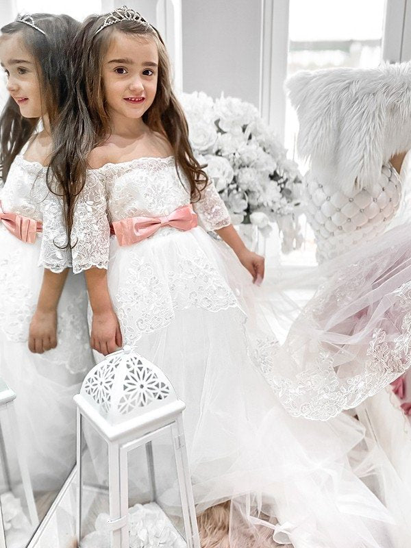 Off-the-Shoulder A-Line/Princess Sweep/Brush Train 1/2 Sleeves Sash/Ribbon/Belt Tulle Flower Girl Dresses