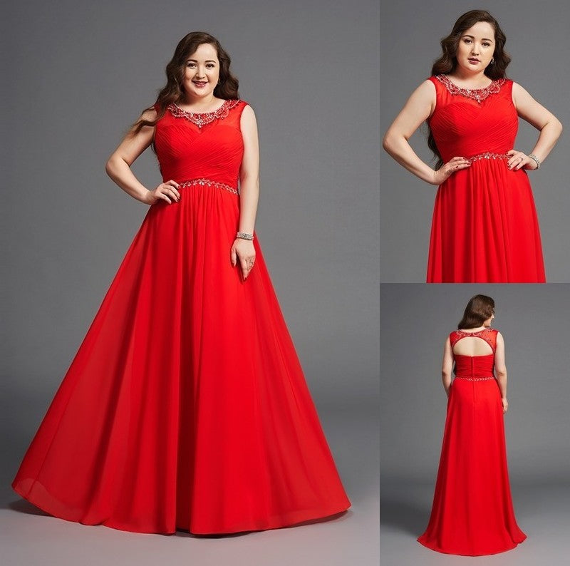 Scoop A-Line/Princess Beading Long Sleeveless Chiffon Plus Size Dresses