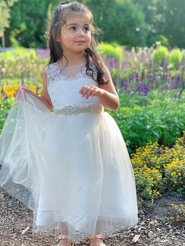 A-Line/Princess Tulle Scoop Lace Sleeveless Tea-Length Flower Girl Dresses