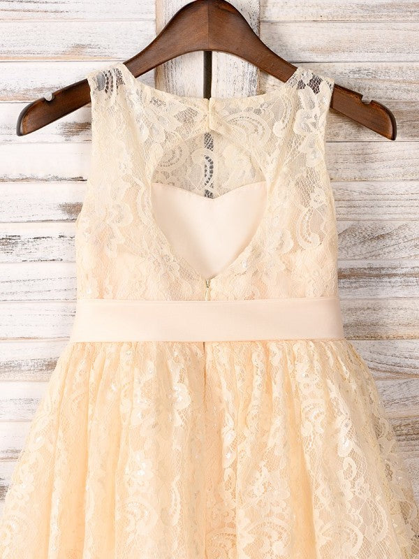 Sleeveless Scoop Tea-Length A-Line/Princess Sash/Ribbon/Belt Lace Flower Girl Dresses