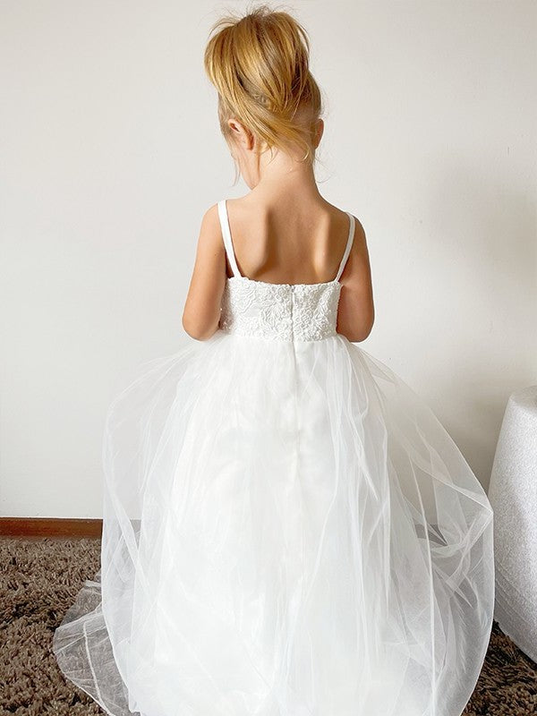 Floor-Length Lace Gown Tulle Straps Ball Sleeveless Flower Girl Dresses