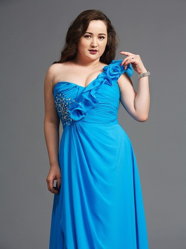 A-Line/Princess Sleeveless Rhinestone Long One-Shoulder Chiffon Plus Size Dresses