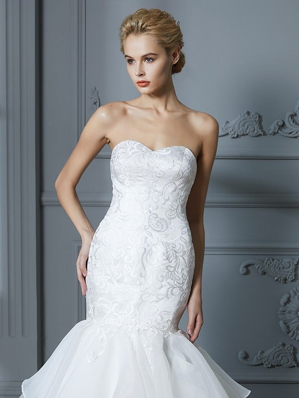 Train Sweep/Brush Trumpet/Mermaid Sleeveless Sweetheart Ruffles Organza Wedding Dresses