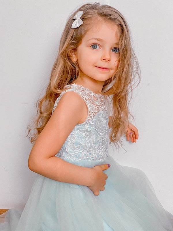 A-Line/Princess Lace Scoop Ankle-Length Tulle Sleeveless Flower Girl Dresses