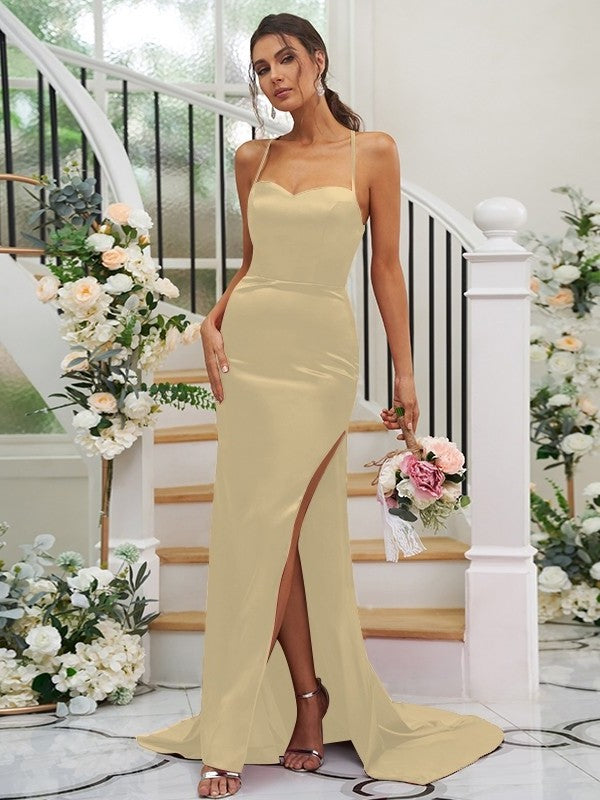 Woven Square Ruched Sheath/Column Sweep/Brush Sleeveless Elastic Satin Train Bridesmaid Dresses