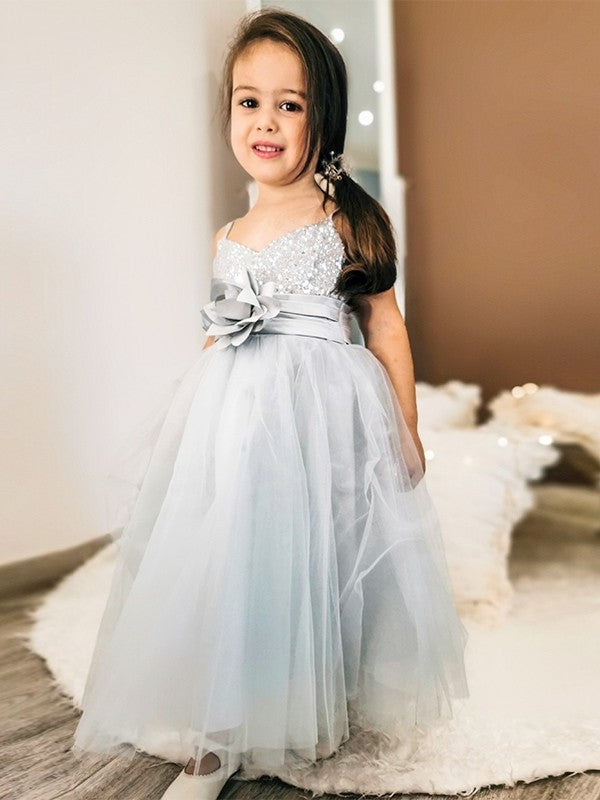 Sleeveless Tea-Length Sequin A-Line/Princess Tulle Spaghetti Straps Flower Girl Dresses