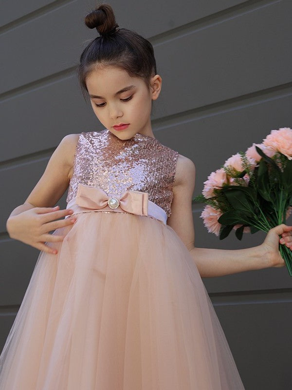 Bowknot Sleeveless Scoop Tulle A-Line/Princess Tea-Length Flower Girl Dresses