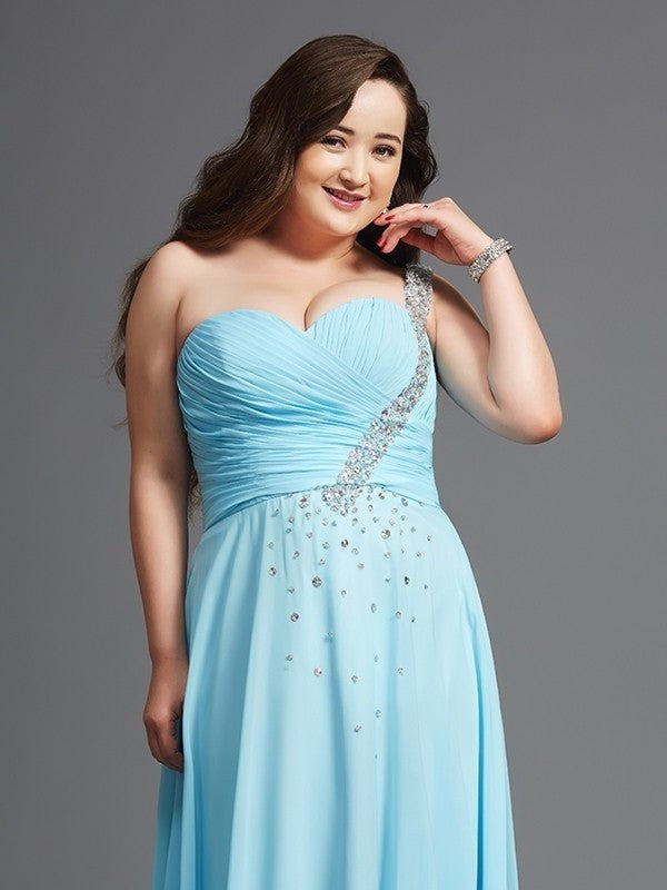 One-Shoulder A-Line/Princess Chiffon Sleeveless Rhinestone Long Plus Size Dresses