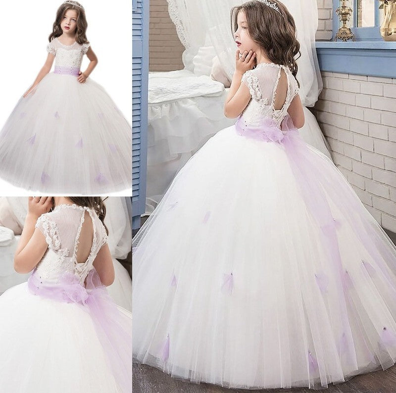 Floor-Length Short Sleeves Gown Tulle Ball Jewel Sash/Ribbon/Belt Flower Girl Dresses