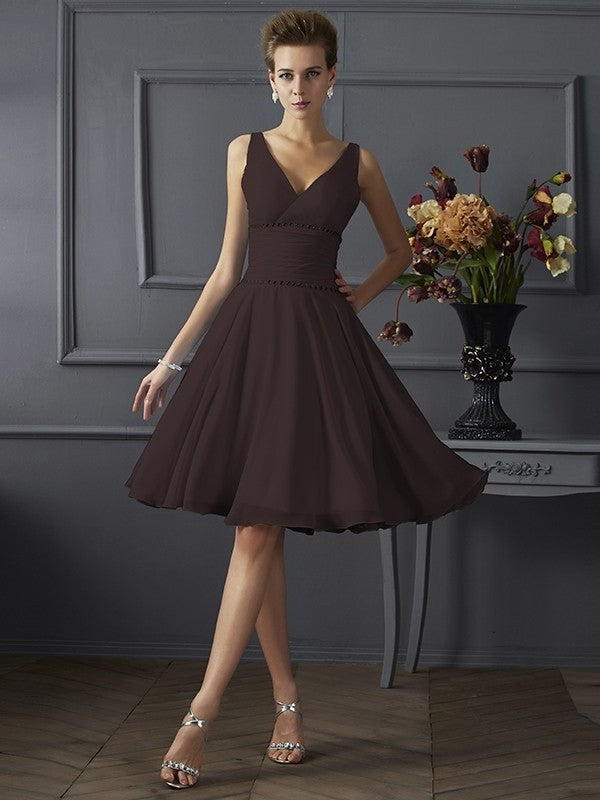 Sleeveless V-neck Short A-Line/Princess Pleats Chiffon Bridesmaid Dresses