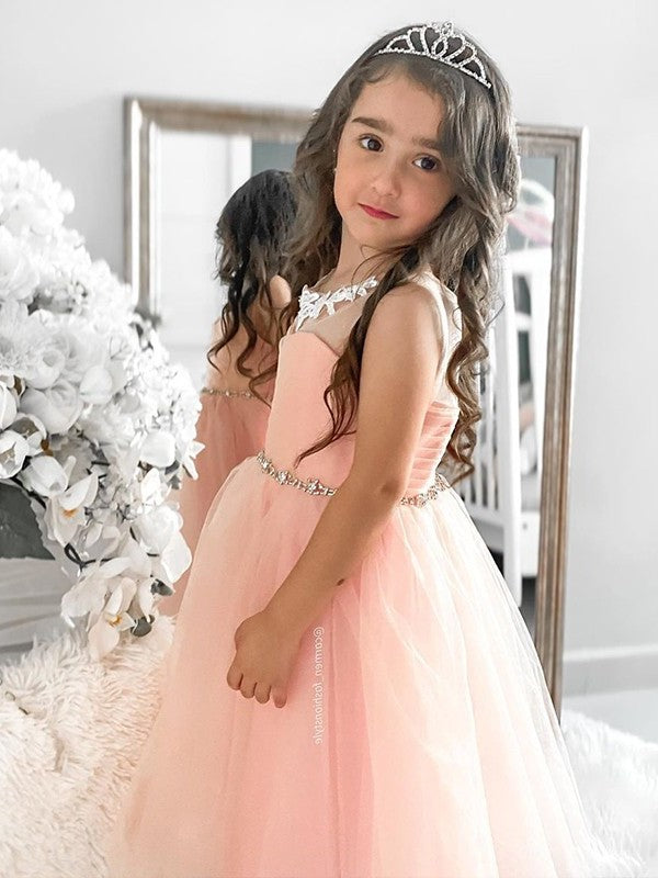 Scoop A-Line/Princess Beading Sleeveless Tea-Length Tulle Flower Girl Dresses