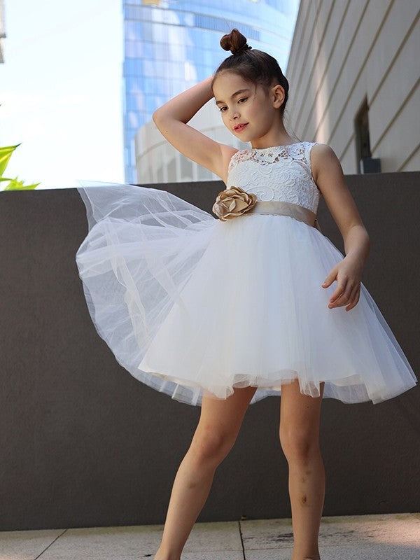 Lace Scoop Sleeveless A-Line/Princess Tulle Knee-Length Flower Girl Dresses