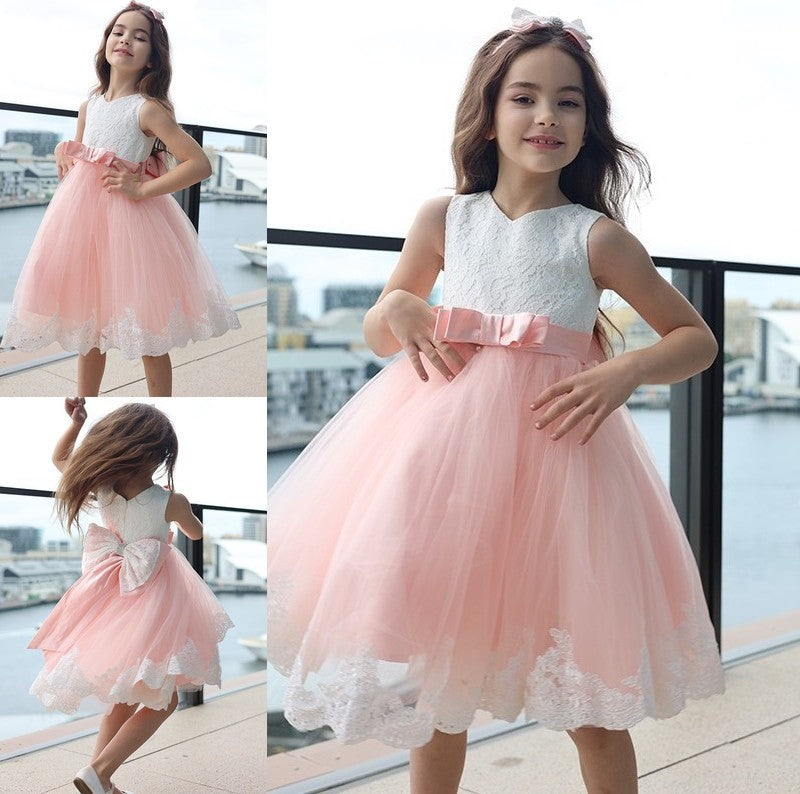 Bowknot A-Line/Princess Lace Sleeveless Short/Mini Scoop Flower Girl Dresses