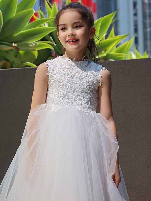 Neck Tulle Sleeveless Knee-Length Lace A-Line/Princess High Flower Girl Dresses